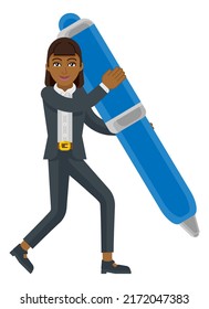 An Asian businesswoman cartoon character mascot woman holding a big pen business concept