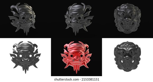 Asian Demon Mask On White And Black Background 3d Rendering Illustration