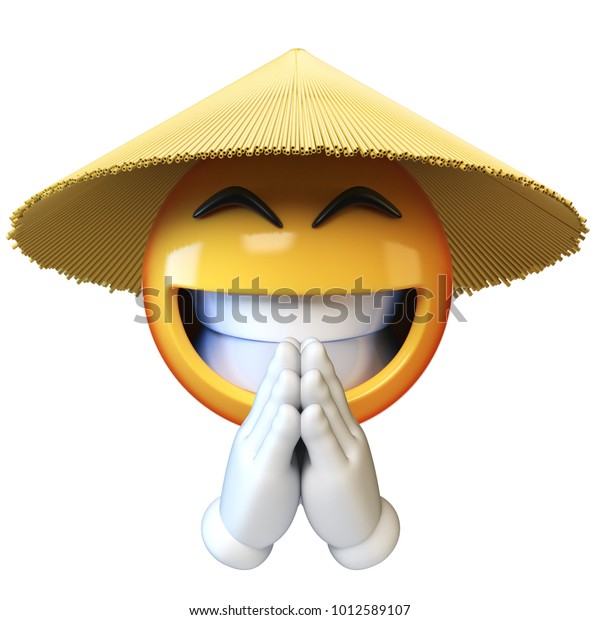 白い背景にアジアの絵文字と円錐形の麦わら帽子 アジアの絵文字の挨拶の手3dレンダリング のイラスト素材