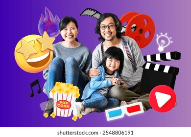 Asian family enjoying movie night with popcorn, emojis, and 3D glasses. Smiling parents and child, surrounded by film icons, sharing fun moments. Modern 3D graphic collage, family entertainment. - Powered by Shutterstock