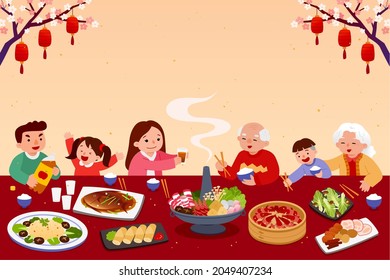 Asian Family Group Having Reunion Dinner Stock Illustration 2049407234 ...