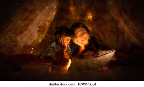 Asian family mom and girl happy at night time in bedroom at home before bed time reading fantasy bedtime story book together in child tent with dim yellow light with water color effect - Powered by Shutterstock