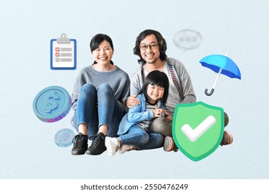 Asian family with parents and child sitting together, surrounded by icons like money, shield, and umbrella, symbolizing protection and financial security. Creative family insurance remix design - Powered by Shutterstock