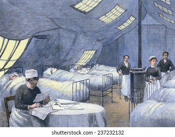 Asian Flu Epidemic Of 1889-90 In Paris Patients Are Treated In A Supplemental Tent Hospital A Nurse Attends To Several Patients During The Winter Of 1889-90.