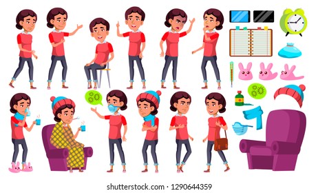 Asian Girl Kid Poses Set. School Child. Sick, Cough. Runy Nose. Health. For Presentation, Print, Invitation Design Cartoon Illustration