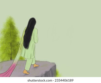 Asian girl saga green dress   tree besides her cliff white background  poem backgrounds  social media post background Instagram post background 