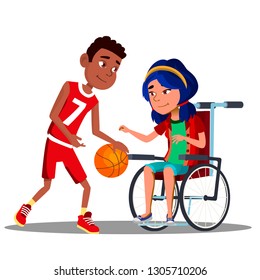 Asian Girl In Wheelchair With Afro American Boy Playing Basketball Together. Illustration