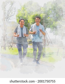 Asian Housewife And Her Husband Enjoy Jogging Run Together In Outdoor Garden. Abstract Digital Painting Of Happy Middle Aged Couple Exercising In Natural Green Park. Family Leisure Recreation Concept.