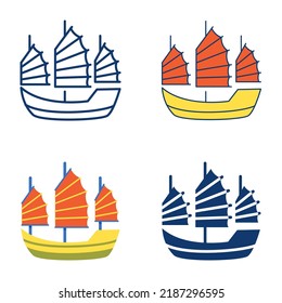 Asian junk boat icon set in flat and line style. Traditional sailing ship symbol.