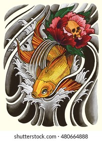 Asian Koi Carp With Lotus Flower And Skull In Water - Tattoo Motif