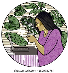 Asian Latina Woman Working Online From Home Looking At Screen Of Her Laptop And Drinking From A Cup With Green Leaves On The Background