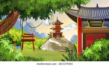 Asian Pagoda, Japanese Sacred Temple Surrounded By Beautiful Forest, Mountains, Nature And Trees. Art, Cartoon, Illustration, Background