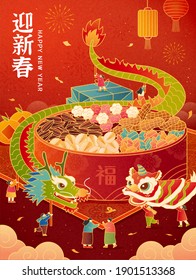 Asian People Performing Lion Dance Show Around A Huge Round Box Full Of Traditional Snacks. CNY Poster. Translation: Happy Chinese New Year.