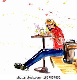 An Asian Sikh Man In A Turban Sitting And Working On A Laptop With A Bag At His Side. A Watercolour Illustration.