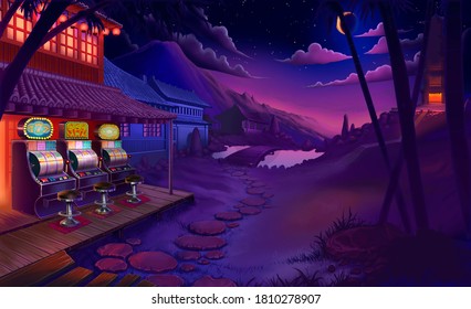 Asian Temple At Night Sunset Sky Starting River House Bamboo Garden 3d Illustration Art Background. Casino At Night In Asia Slot Machine.