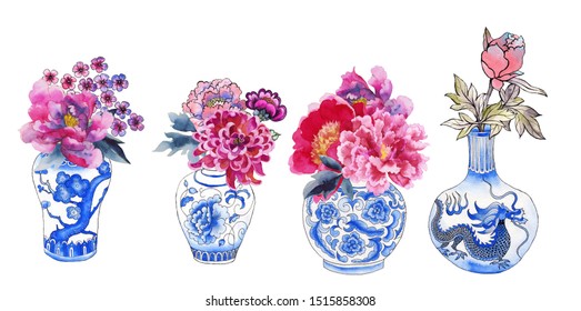 Asian traditional vases isolated on white painted with watercolor