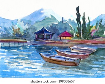 Asian view with boats and palms near the water watercolor painting illustration hand drawn artwork