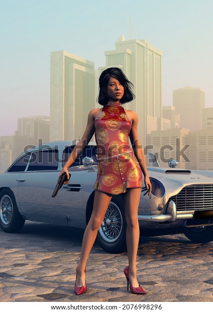 asian woman in a dress, posing with gun in a\
street, 3d\
illustration