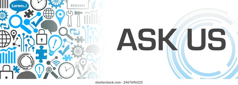 Ask Us concept image with text and technology symbols.