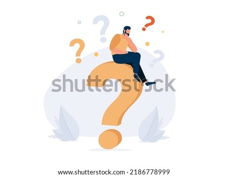 asking questions for solution to solve problem, thinking process or business analysis to get new idea concept, calm businessman on large question mark thinking of who what where when why and how.