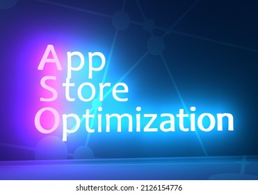 ASO Mean App Store Optimization. Computer And Internet Acronym. Neon Shine Text. 3D Render