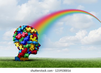 Asperger Syndrome As A Developmental Mental Disorder With Nonverbal Communication Behavior As A Child Mind With A Hope Rainbow Of Therapy And Treatment Success As A 3D Illustration.