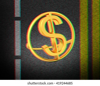 Asphalt abstract background with 3d text gold dollar icon . 3D illustration. Anaglyph. View with red/cyan glasses to see in 3D.