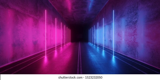 Asphalt Cement Road Double Lined Sci Fi Futuristic  Concrete Walls Underground Dark Night Car Show Neon Laser Led Lights Glowing Purple Blue Arc Virtual Stage Showroom 3D Rendering Illustration