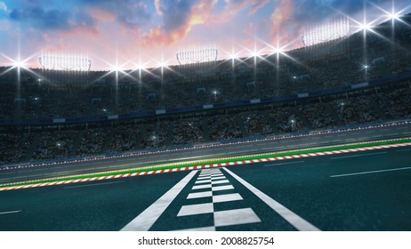 Asphalt racing track finish line side view with cheering fans and illuminated floodlights. Professional digital 3d illustration of racing sports.