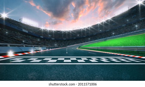 Asphalt racing track finish line with cheering fans and illuminated floodlights. Professional digital 3d illustration of racing sports.