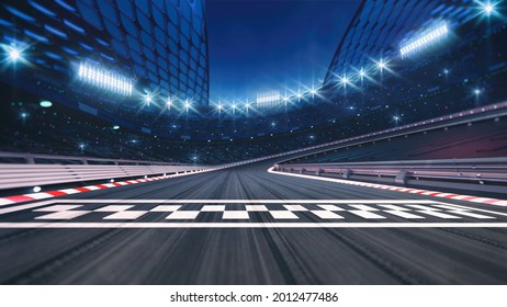 Asphalt racing track finish line and illuminated race sport stadium at night. Professional digital 3d illustration of racing sports.