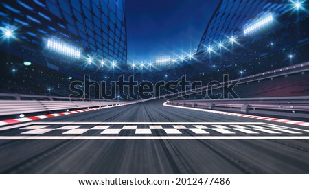 Asphalt racing track finish line and illuminated race sport stadium at night. Professional digital 3d illustration of racing sports. Foto d'archivio © 