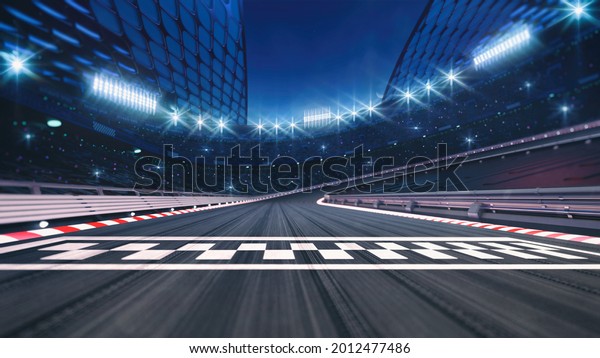 Asphalt racing track finish line and illuminated
race sport stadium at night. Professional digital 3d illustration
of racing
sports.