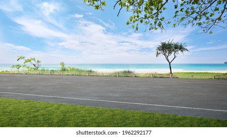 Asphalt road floor and big garden with sea view. 3d illustration of empty green grass lawn.