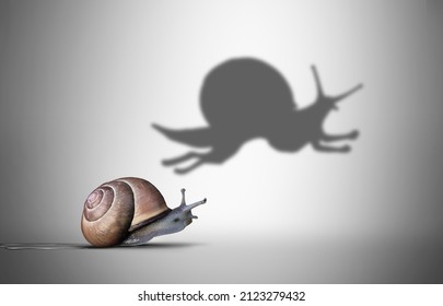 Aspiration metaphor and inner power concept as a symbol for motivational feeling to aspire to great skill as a slow snail with a shadow of a fast cheetah shape in a 3D illustration style. 