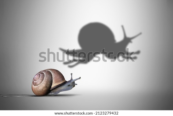 Aspiration metaphor and inner power concept as a symbol\
for motivational feeling to aspire to great skill as a slow snail\
with a shadow of a fast cheetah shape in a 3D illustration style.\
