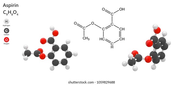 Aspirin (ASA) Molecule Ball And Stick Model - C9H8O4. 3D Illustration. Isolated On White Background.