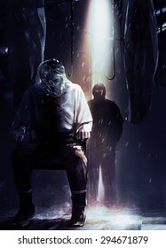 Assassin and victim. Silent assassin standing in shadows with his victim tied to a chair illustration.