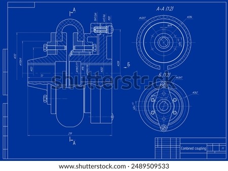 Assembly drawing of combined coupling.  Cad scheme of steel mechanical device with shaft, gear, 
 bolted connection, dimension lines.
Engineering background. Technical template. Cross section.