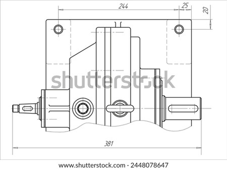 Assembly drawing of reducer.
Cad scheme of steel mechanical device with shaft, gear, 
electric engine, bearing, bolted connection and dimension lines.
Engineering background. Technical template.