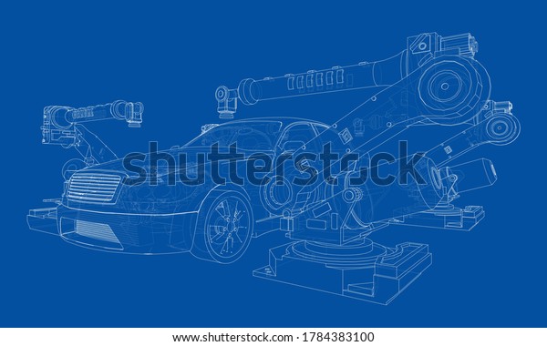 Assembly of motor
vehicle. Robotic equipment makes Assembly of car. Blueprint style.
3d illustration