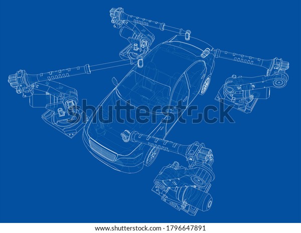 Assembly of motor\
vehicle. Robotic equipment makes Assembly of car. Blueprint style.\
3d illustration