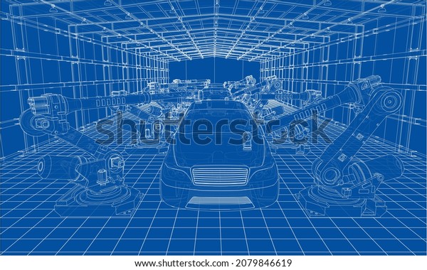 Assembly of motor\
vehicle. Robotic equipment makes Assembly of car. Blueprint style.\
3d illustration