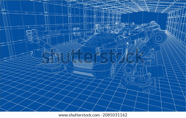 Assembly of motor
vehicle. Robotic equipment makes Assembly of car. Blueprint style.
3d illustration