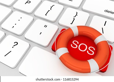 Assistance concept. Computer Keyboard with red SOS button and lifebuoy