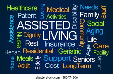 Assisted Living Word Cloud On Blue Background