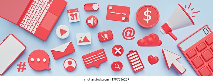 Assorted 3d Icons. Abstract Social Media, Technology Design Banner. 3d Rendering