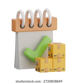 Assorted boxes and a calendar with a green checkmark, suitable for logistics, organization, and supply chain visuals.