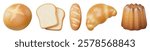 Assorted bread: round bread, sliced bread, baguette, croissant, and bundt cake. Bread variety: round, sliced, baguette, croissant, bundt cake. Illustration set isolated.