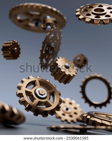Assorted bronze and metal gears and cogs falling apart onto a table concept 3d render